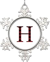 Vista 15 de Adornos de Navidad con letras rojas y negras a cuadros 2022, adornos de copo de nieve, monograma, letra J con inicial, adorno para decoración