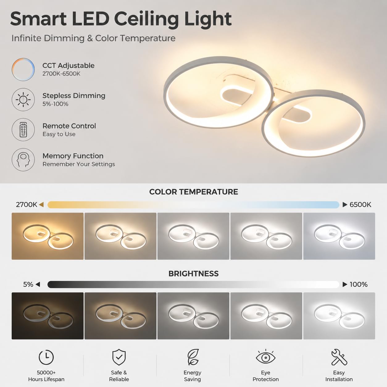 KZT Smart Plafoniera dimmerabile con telecomando lampada da soffitto con Matter compatibile Alexa e Google Assistant 42W LED moderna plafoniera, controllo vocale e applicazione, per soggiorno e camera