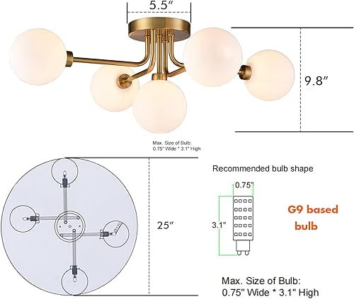 Miniatura 2 de CLAXY Sputnik - Lámpara de techo dorada semiempotrada con pantallas de globo para dormitorio, comedor, pasillo
