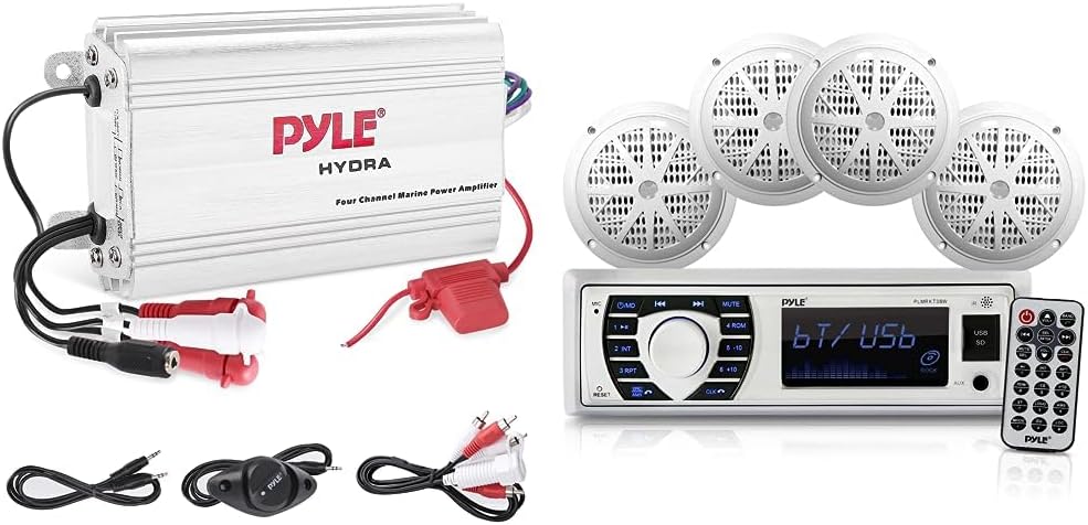Pyle Hydra Marine Amplifier - Upgraded Elite Series 400 Watt 4 Channel Micro Amplifier - Waterproof, GAIN Level Controls, RCA Stereo Input, 3.5mm Jack, MP3 & Volume Control (PLMRMP3A) and Pyle Marine Radio Receiver Speaker Set 12v Single Din Style Bluetooth Compatible Waterproof Digital Boat In Dash Console System with Mic 4 Speakers, Remote Control, Wiring Harness PLMRKT38W (White)