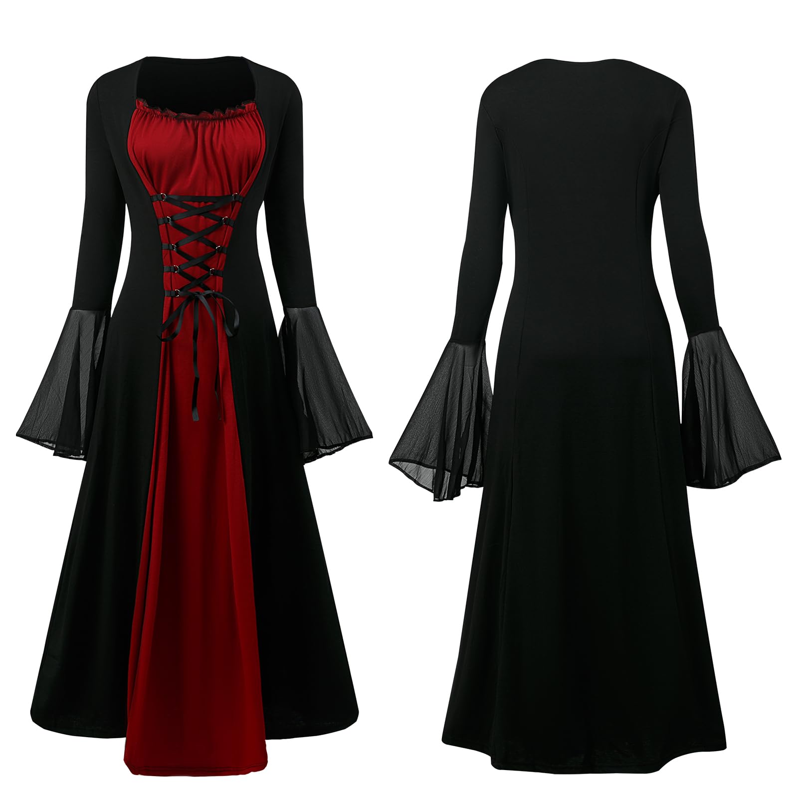 CNVAUIE Costume rinascimentale da donna, abito medievale con maniche a tromba gotico, maxi abito per carnevale, Halloween, feste