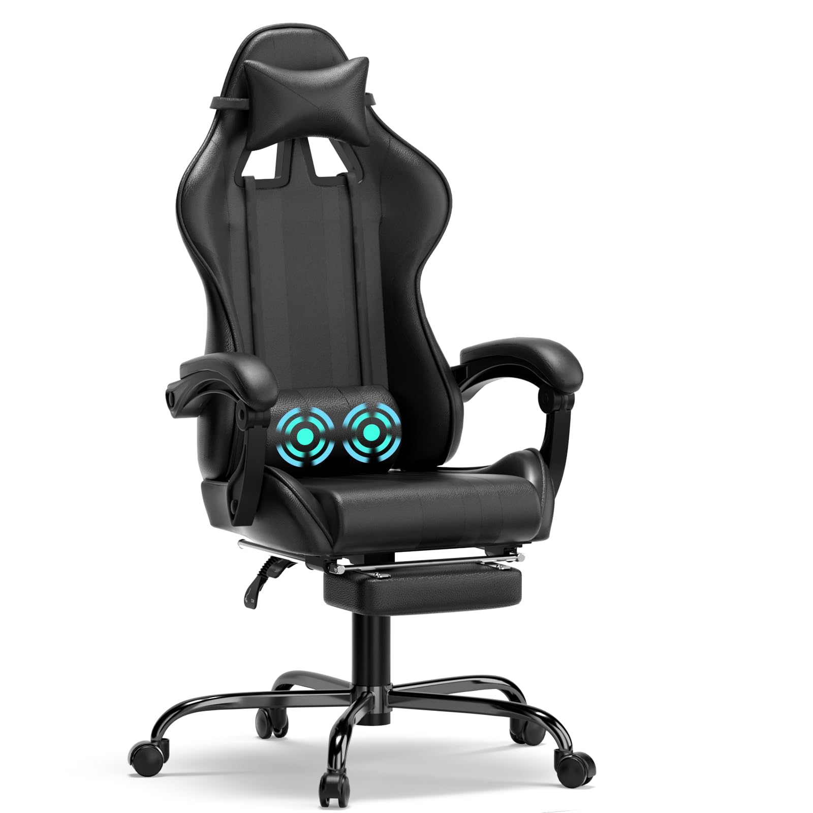 Soontrans Silla Gaming con Masajeador Ergonómico con Reposapies & Soporte de Cabeza & Vibración Masaje Soporte Lumbar, Cuero Tapizado, Silla Gamer para Youtube Playstation Xbox Livestreaming (Nero)