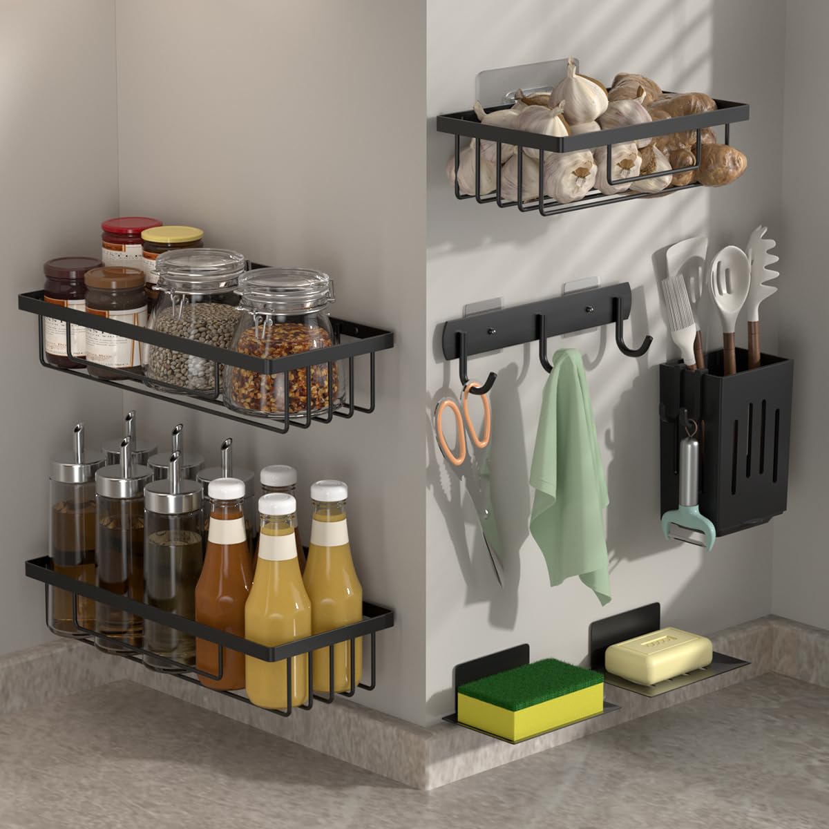 AmoiChic Shower Caddy Shelf Organizer Rack 7 Pack Self Adhesive Black Bathroom Shelves Basket Home Farmhouse Wall Inside