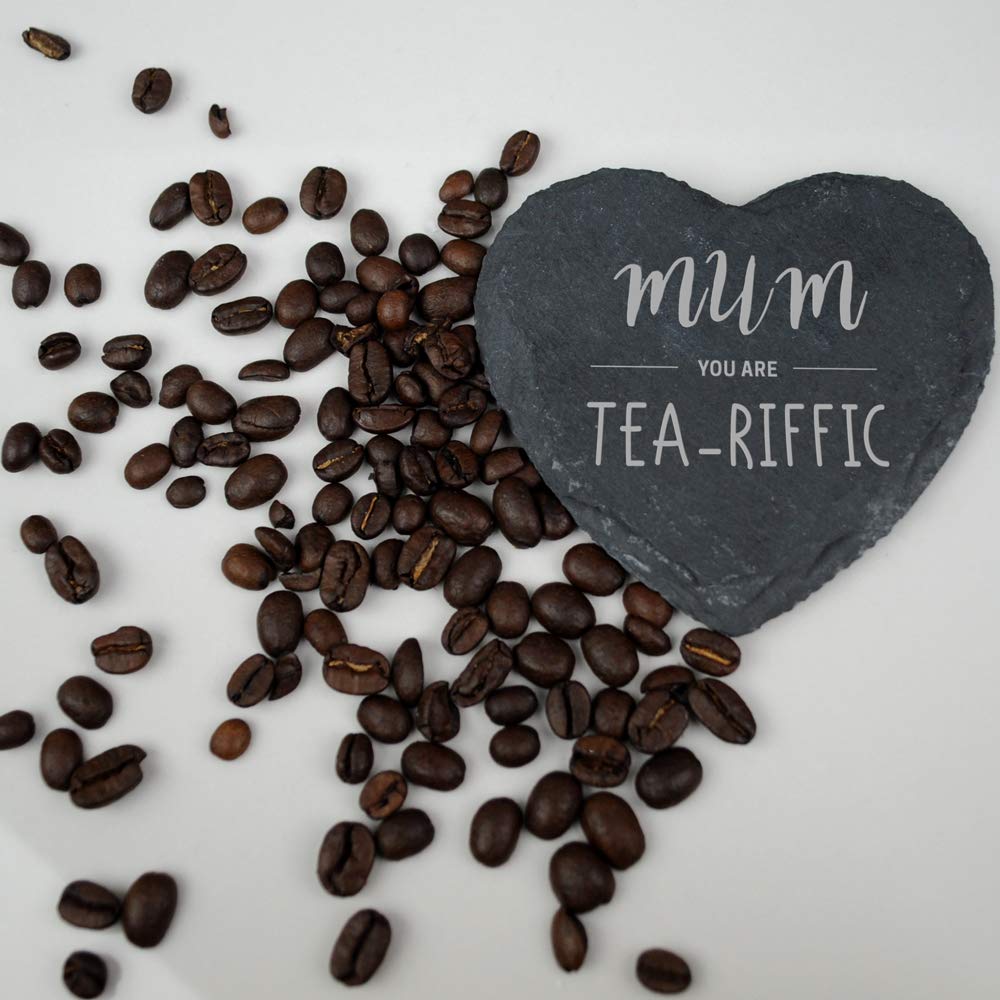 eBuyGB Slate Tea-Riffic, Mothers Day Birthday Gift, Present for Mum from Daughter and Son, Engraved Drinks Coaster (Heart)
