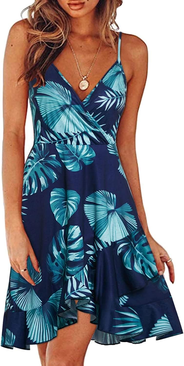 ULTRANICEWomens Summer Dresses Floral V Neck Ruffled Hem Spaghetti Spring Casual Beach Outfits Flowy Wrap Sun Dress