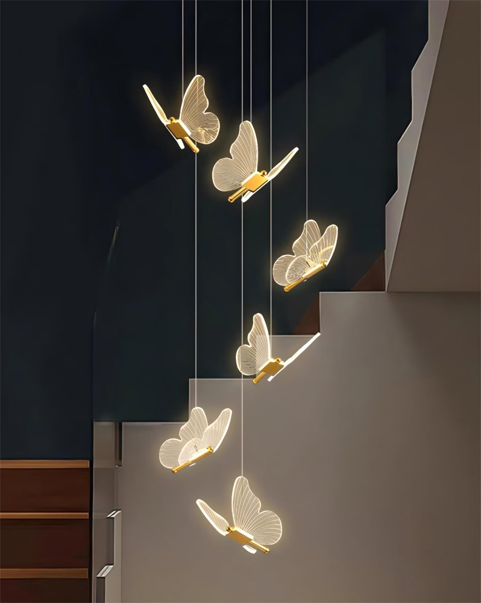 RuiRfh Chandelier LED butterfly shape decorative staircase Pendant Light height adjustable villa indoor large golden ceiling lamp dimmable suitable for living room restaurant hotel bar Hanging Lamp(Di