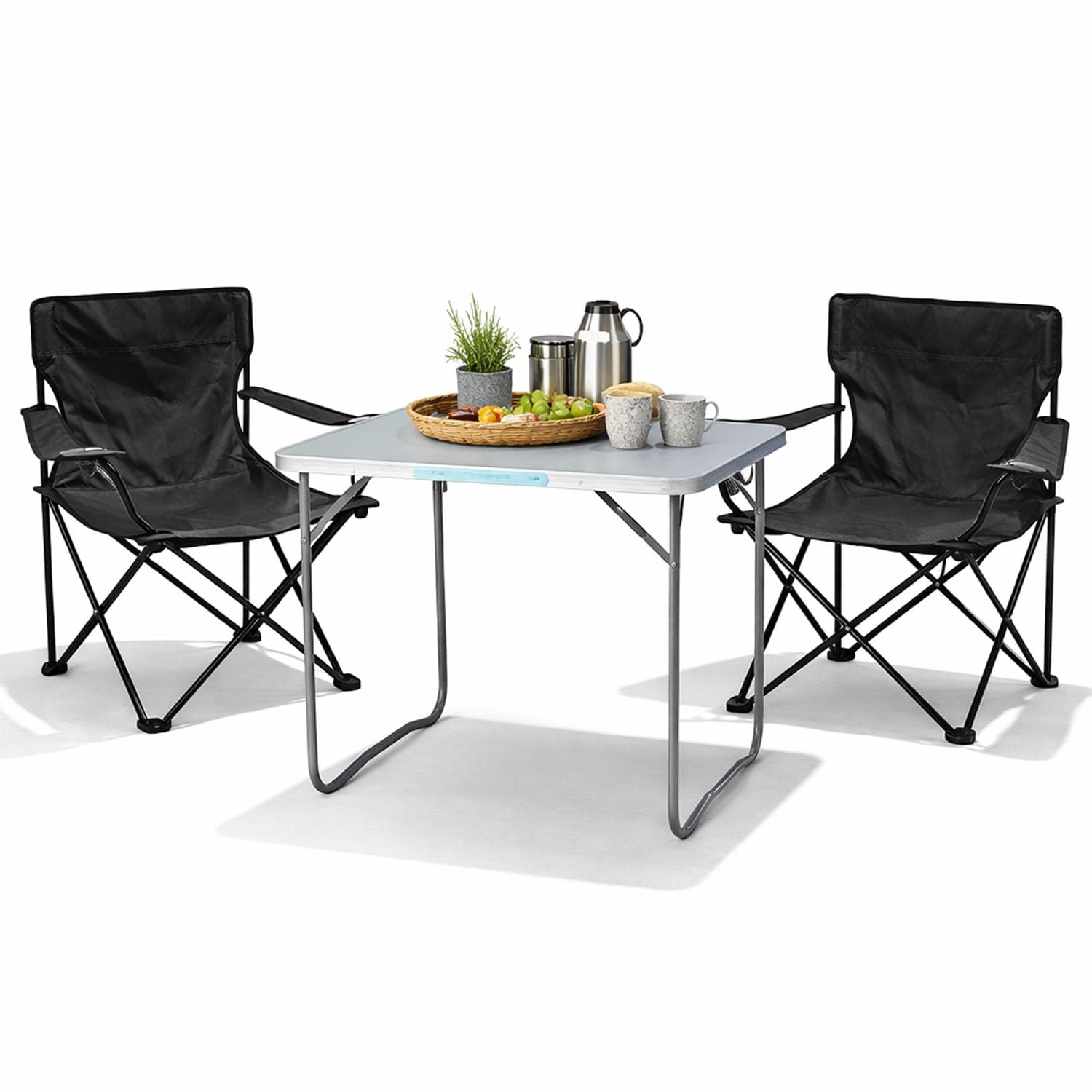 Mojawo 3tlg. Campingmöbel Set Alu 80x60x68cm 1x XL Campingtisch mit Tragegriff + 2 Anglerstühle, Faltstühle Schwarz