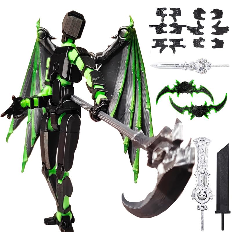 Already Assembled T13 Action Figure Accessories,Dummy 13 Titans 13 Multi-Jointed Movable,The Ultimate Desktop Decor for Lovers t-13 Movability 3D Printed Toys (Green with Wings)