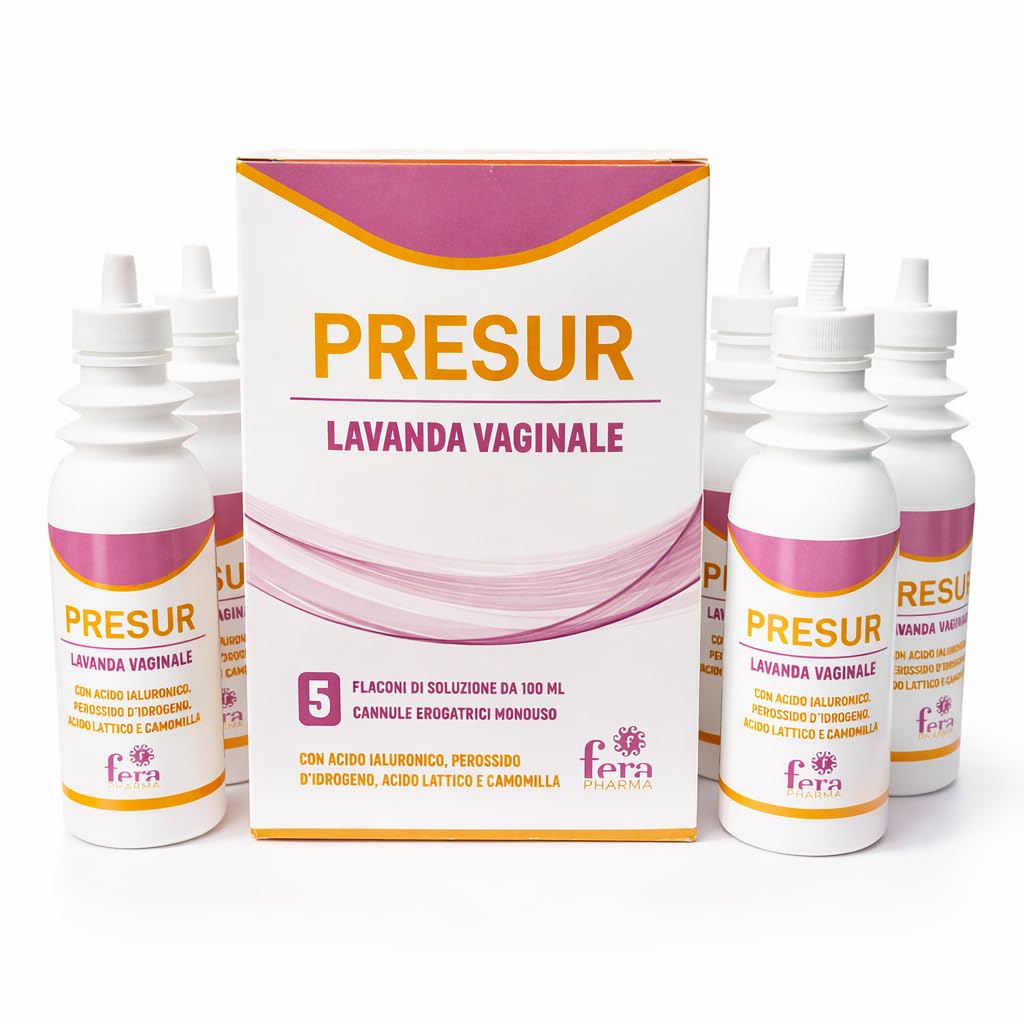 Presur - Lavanda Vaginale pH 3,5 pronta all'uso con Acido Ialuronico, Perossido d'Idrogeno, Acido Lattico e Camomilla - 5 Flaconi da 100 ml con Cannula Monouso (Confezione da 5)