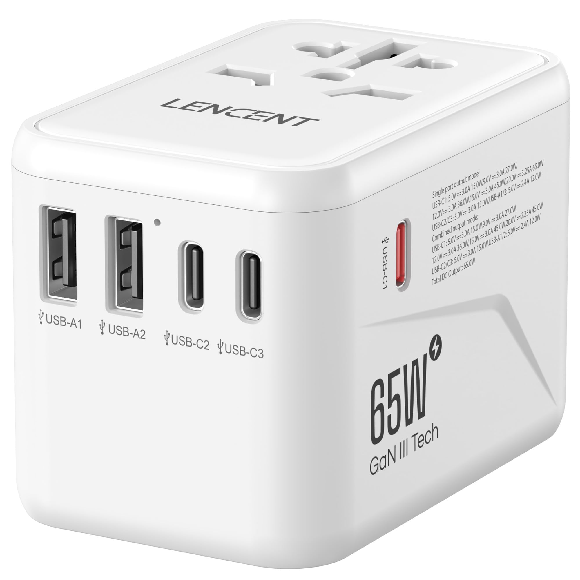 LENCENT Universeller Reiseadapter, GaN III 65W Internationales Ladegerät mit 2 USB-A&3 Typ-C PD Schnellladung, Weltweiter Reisestecker Adapter für Typ A/C/G/I (USA/UK/EU/AUS) Steckdosen, Weiß