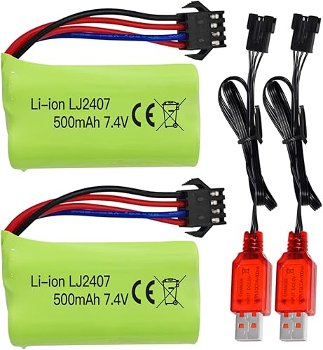 2 baterías de carga de enchufe SM-4P de 7.4 V 500 mAh con cable de carga USB para EC16 RC modelo de coche de juguete todoterreno batería de vehículo