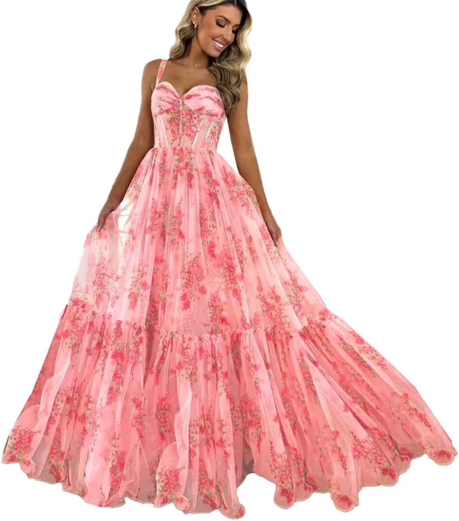 Women's Printed Floral Chiffon Prom Dress Spaghetti Straps A Line Long Ruffles Bridesmaid Evening Formal Ball Gowns
