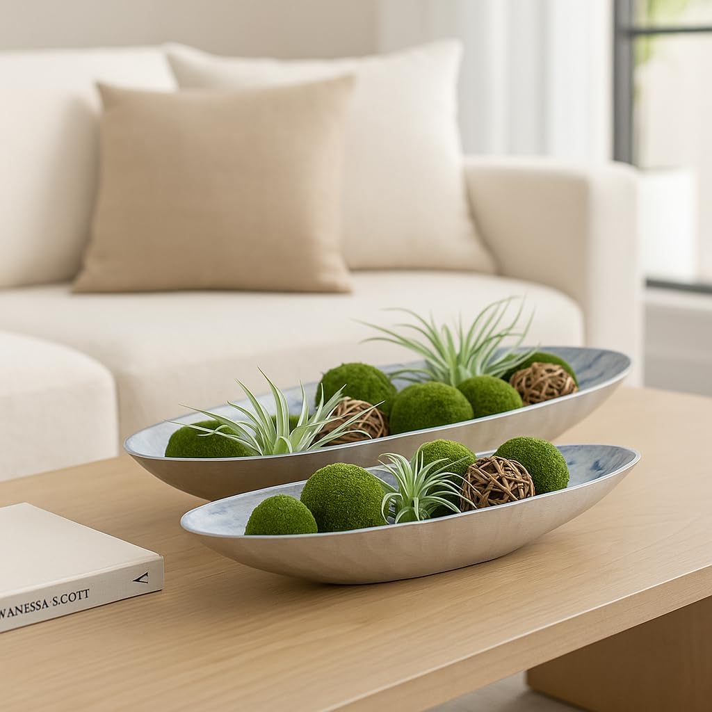 Metal Decorative Bowls - Tabletop Decor Accent Bowl Set, for Coffee Table or Entryway Display, Oval Decorative Bowl Design Home Decor with Artful Silhouette – 23" & 20", Blue & Metallic Finish