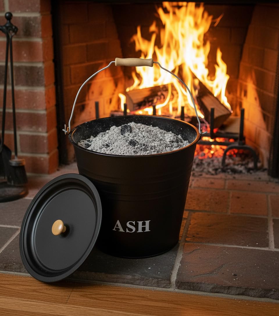 12L Steel Ash Bucket with Lid Wooden Handle Fireside Bucket Fireplace Bucket Ash Pale Fireplace Charcoal Logs BBQ Coal Storage Holder Firepits Hearth Wood Burning Stoves Indoor and Outdoor