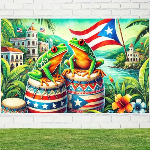 Image of BlissYard Puerto Rico Banner 71 x 43 Inches Tropical Frog Drum Flag Backdrop Puerto Rican Festival Party Decoration Caribbean Culture Wall Hanging for Fiesta Parade Home Outdoor Decor