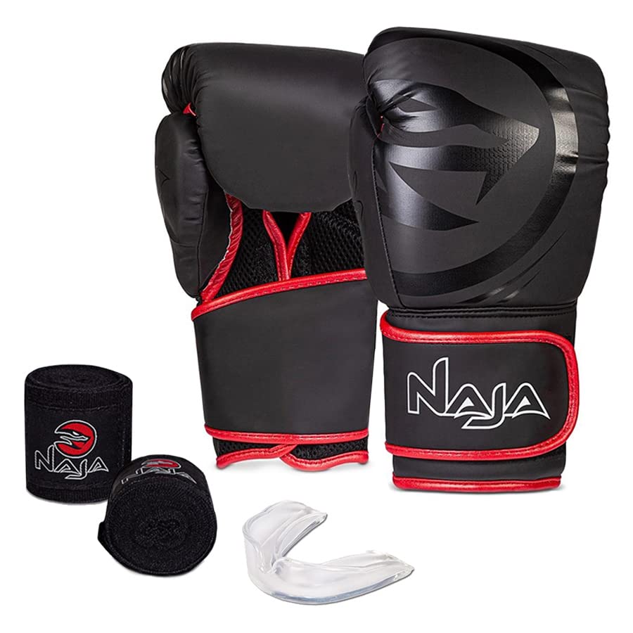 Kit Luva de Boxe e Muay Thai Naja Black Line - 1 Par de luva + 1 Par de Bandagem Elástica + 1 Protetor Bucal - 14 OZ - V