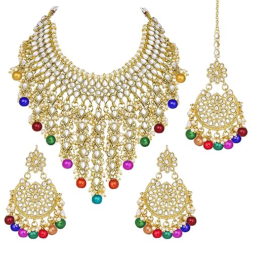 Image of Peora Kundan & Beads Studded Necklace Earrings & Maangtikka Set Ethnic Jewellery for Women & Girls