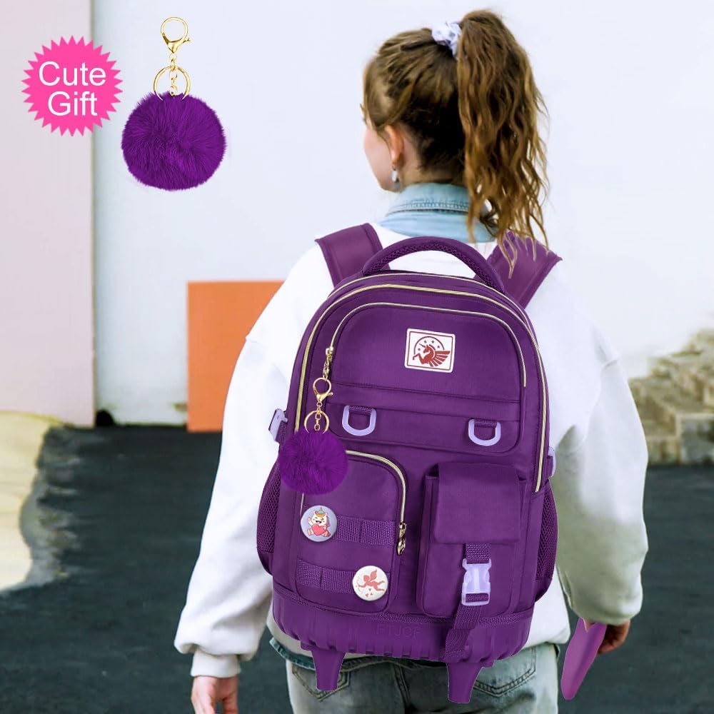 Rolling Backpack for Girls Women, 21 inch Water Resistant Roller Wheels Backpacks, Wheeled Bookbag with Lunch Bag for Teen Elementary School Travel - Dark Purple