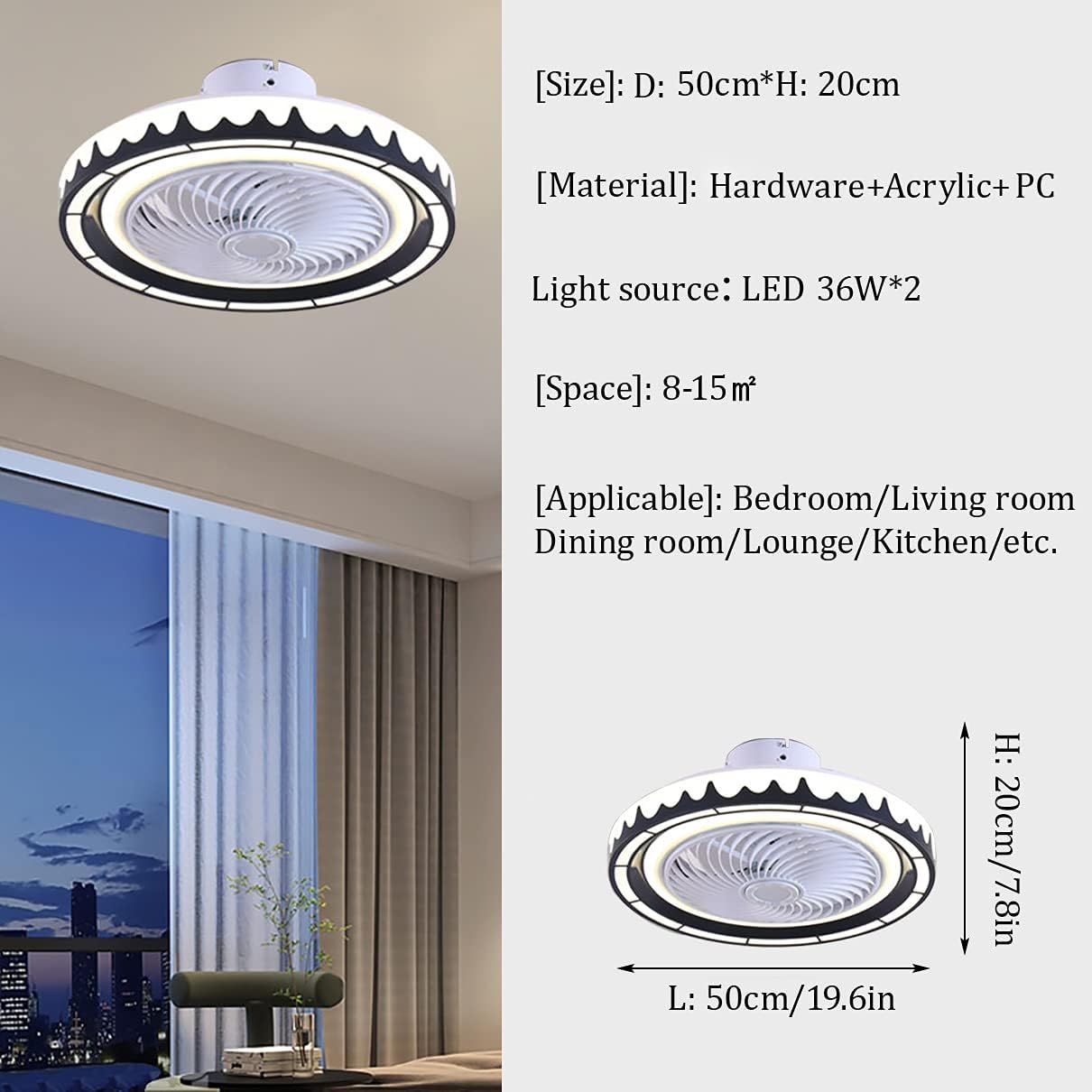 YUEGOO Bedroom Ceiling Fan with Light and Remote Control 3 Speeds Dimmable Led Fan Ceiling Light 72W Modern Living Room Quiet Ceiling Fan Light/Black