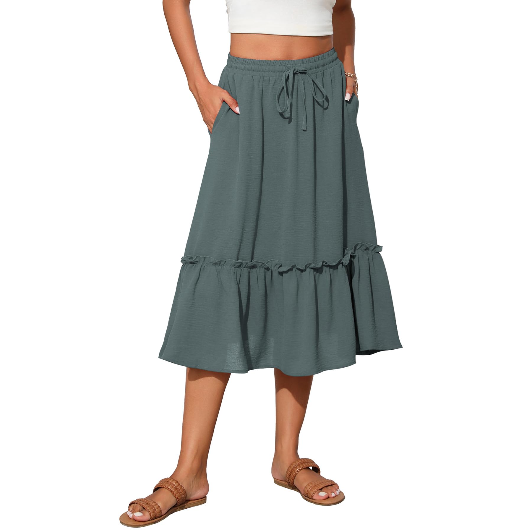 Witsmile Womens High Waist Tiered Midi Skirt Flowy Long Length with Pockets