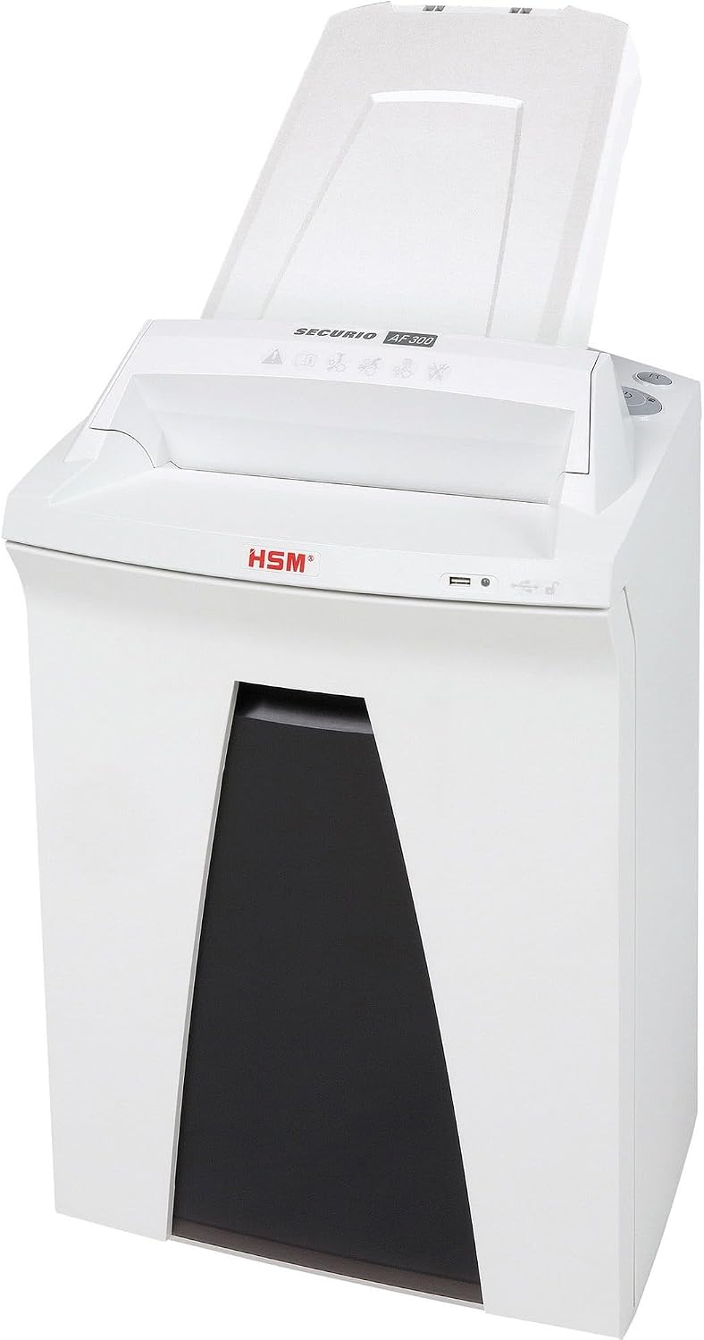 HSM SECURIO AF300 L4 Micro-cut Shredder with automatic paper feed; shreds up to 300 automatically/13 manually; 9 gallon capacity