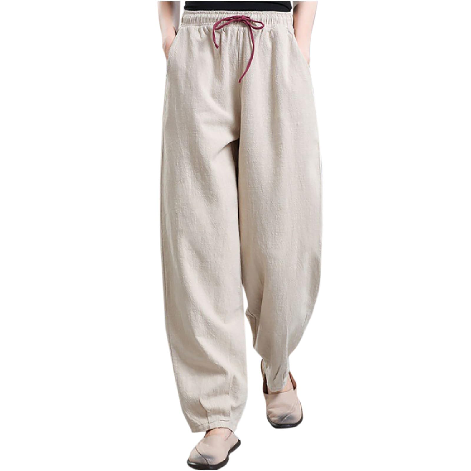 HGps8w Plus Size Linen Pants for Women Casual Loose Wide Leg High Waisted Pants Comfy Solid Trousers with