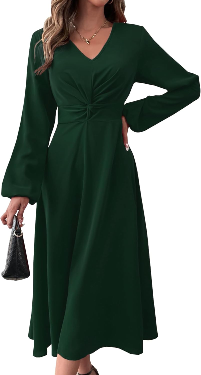 LalaLin Long Sleeve Wedding Guest Dress for Women V-Neck Cocktail Church Maxi Dresses Green - Image 2