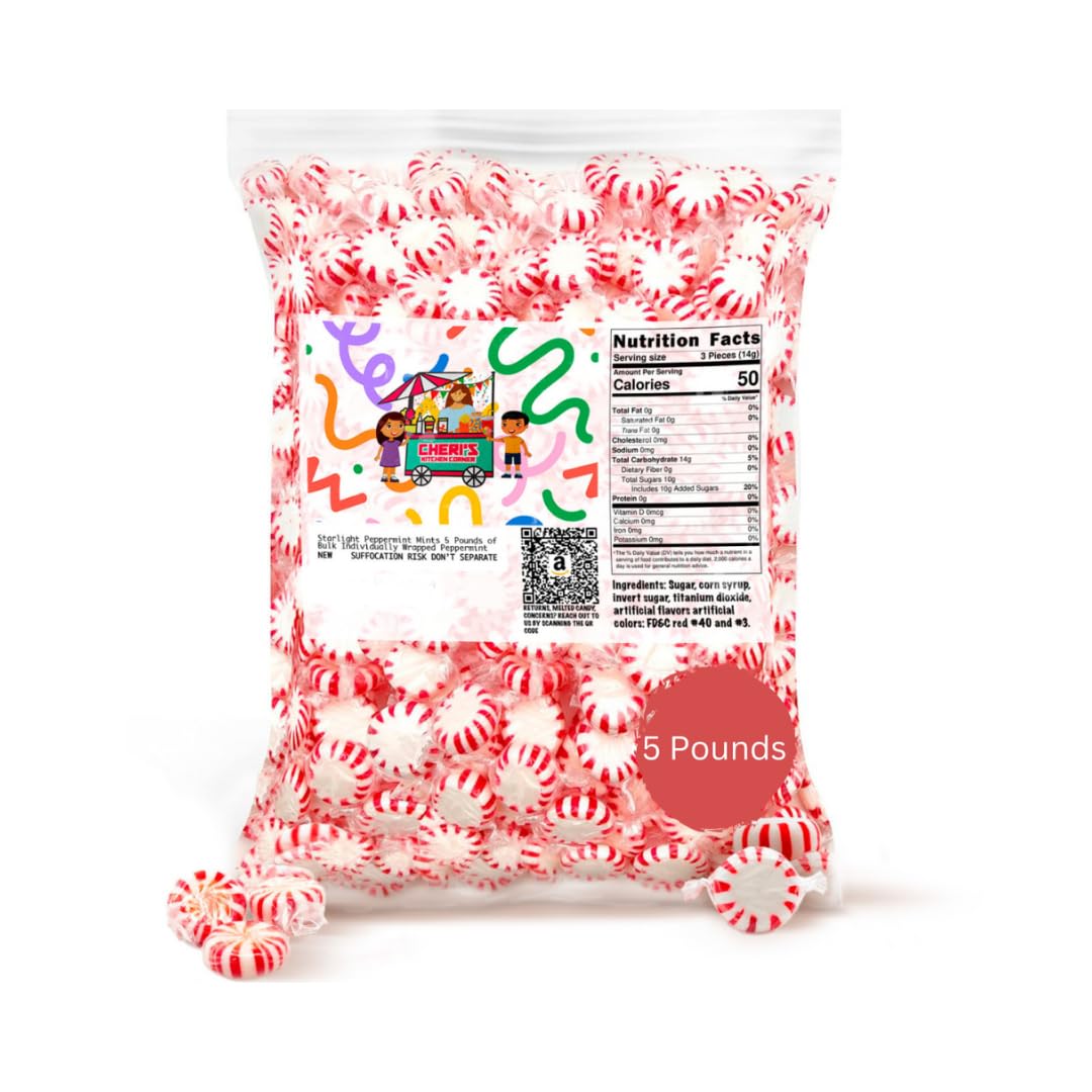 Cheri's Kitchen Corner Starlight Peppermint Mints of Breath Mints- Bulk Individually Wrapped Peppermint, White, 5 Pound (Pack of 1)