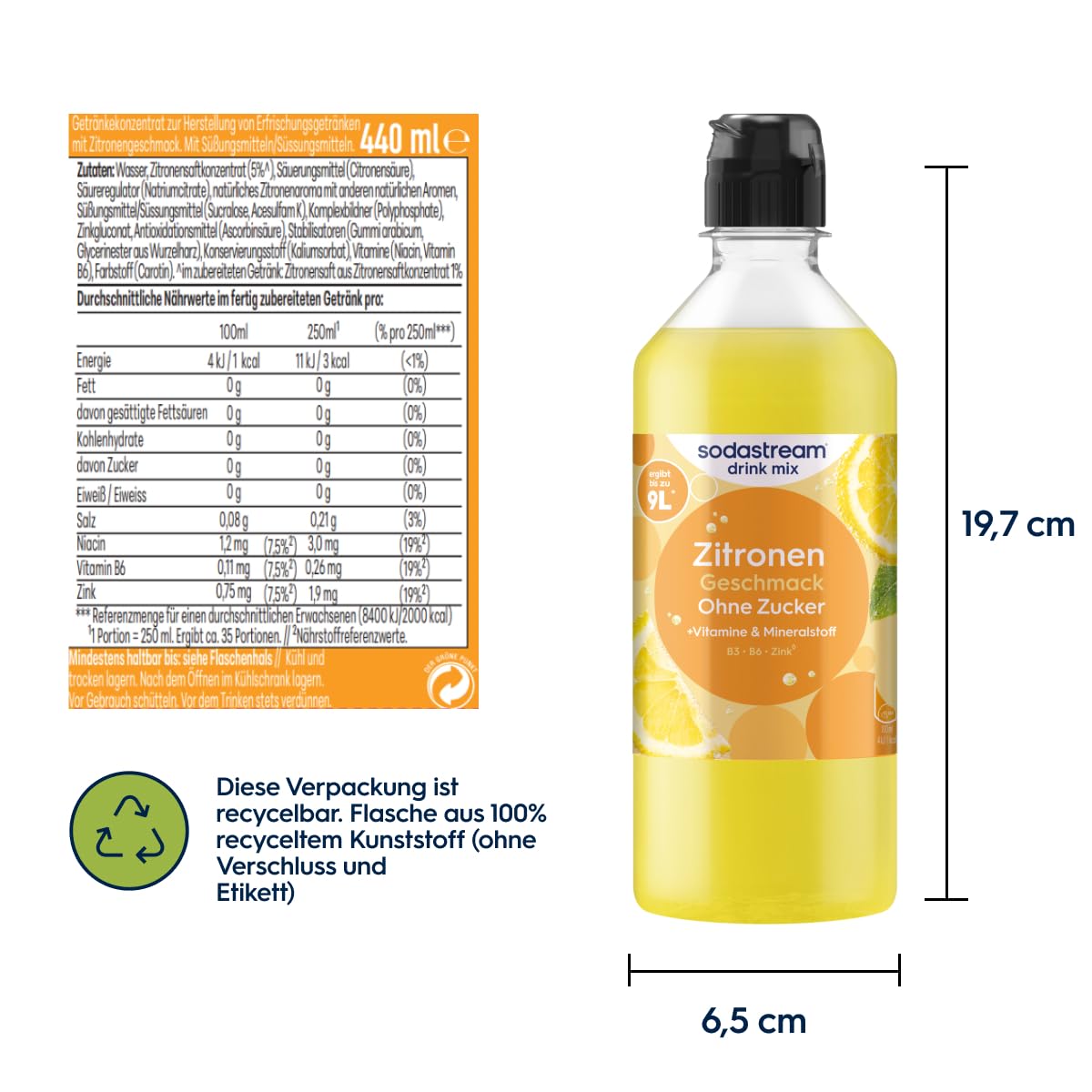Sodastream drink mix Zitrone ohne Zucker – zuckerfreier Sirup für gesprudeltes & stilles Wasser, 4er Pack (4 x 440 ml), mit Vitamine & Mineralstoff, ergibt bis zu 9L Fertiggetränk