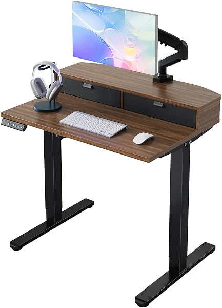 HUANUO 32 x 21 inch Small Electric Standing Desk with 2 Drawers in white