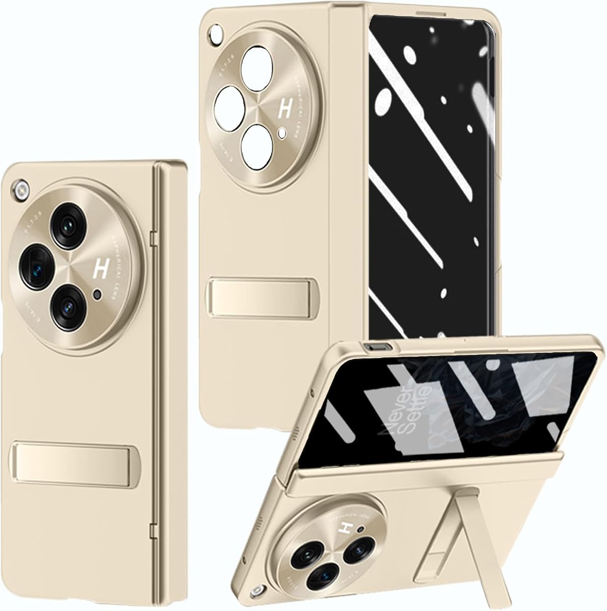 for OnePlus Open Case with Privacy Screen Protector, All-Inclusive Phone Case with Hinge Protection Screen Protector Scratch-Resistant Kickstand Hard PC Protective Cover for OnePlus Open Gold