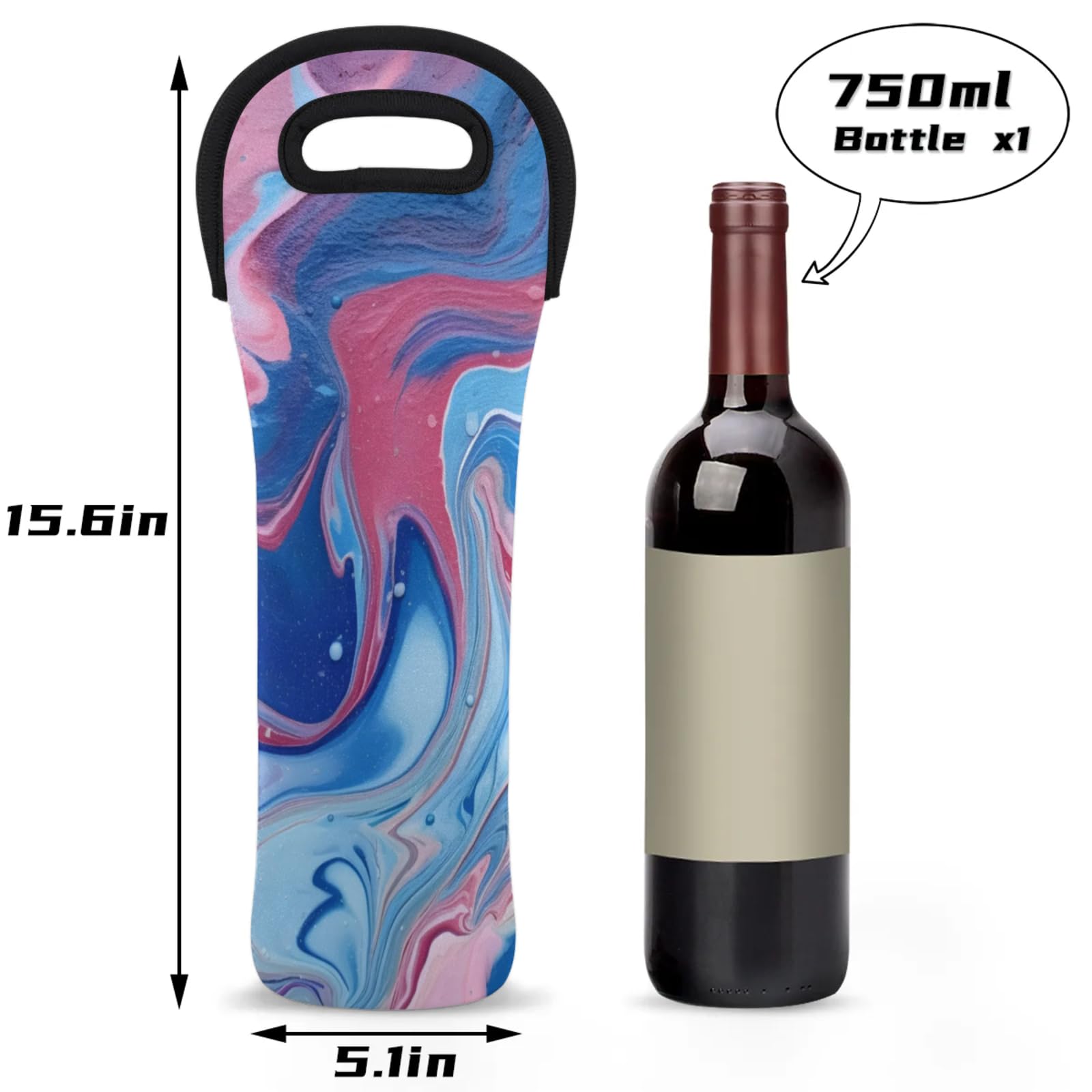 Neoprene Wine Tote Carrier Bag for Wine,Water, Champagne, Beer, Baby Bottles 15.6 x 5.1 Inches, Protective Wine Bag,Colorful Marble Ink