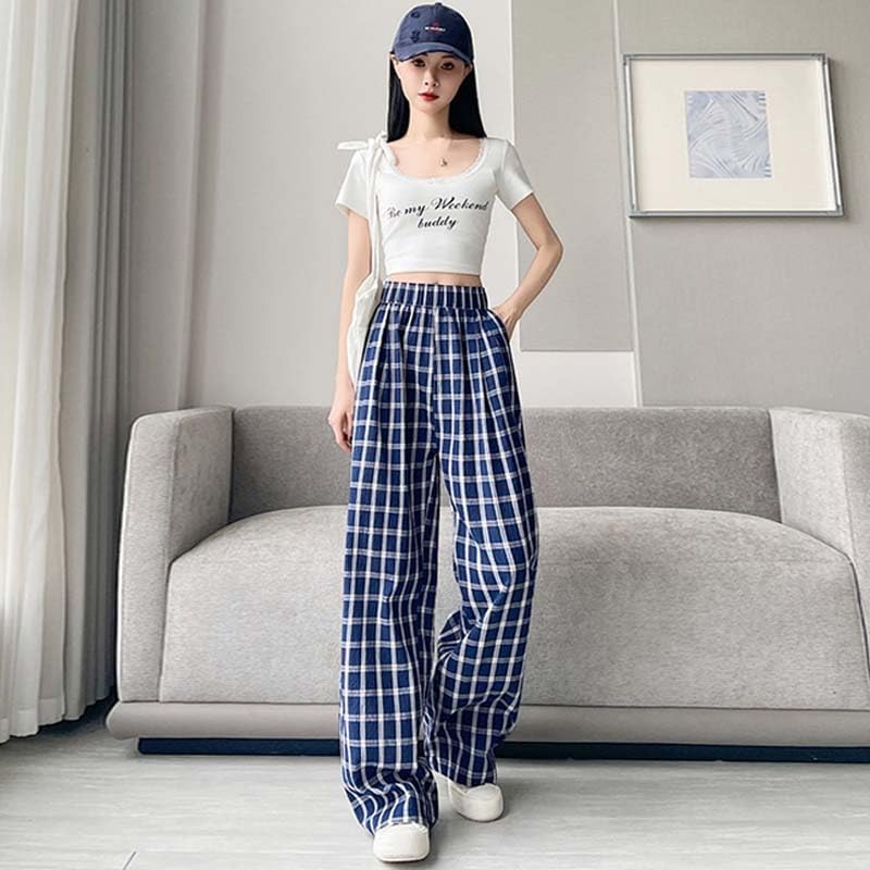 Navy Plaid Wide-Leg Pants for Women - Thin Lightweight High-Waist Straight Trousers, Lazy Chic & Drapey3