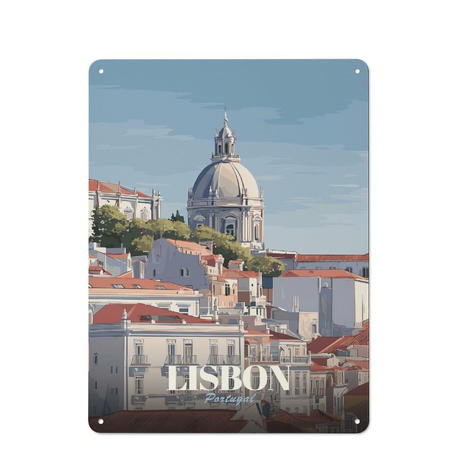 Junmoney Style-13 Tin Wall Plaque 40X30cm With Lisbon, Portugal Cityscape Illustration(2) For Hallway Wall, Suited To Hallway Decor Lovers, For Retro Home Interiors