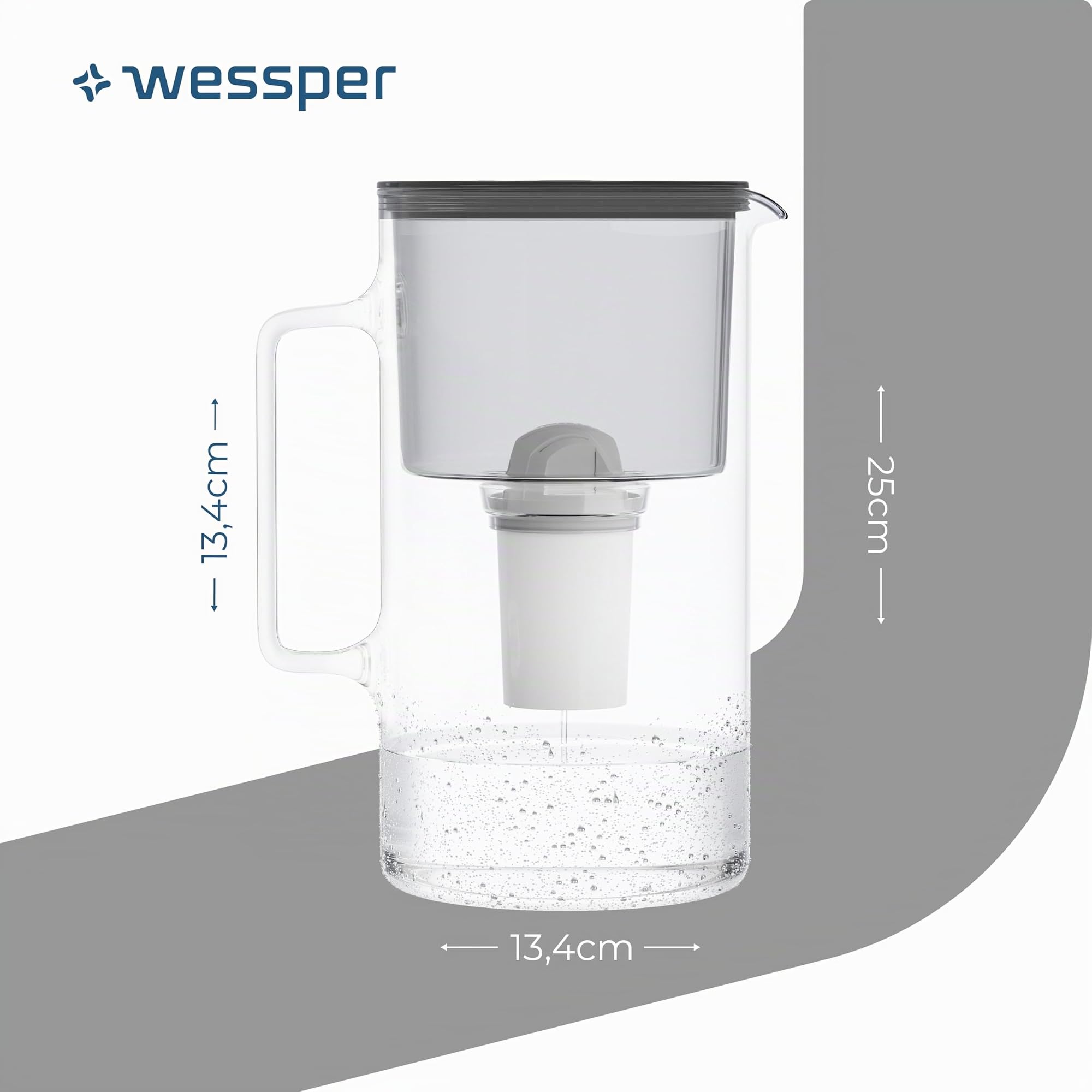 Wessper wasserfilter Kanne Glas 3L, karaffe mit 2 filter Classic - Schwarz