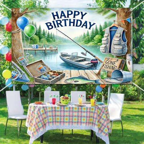 Image of BlissYard Fishing Happy Birthday Banner 71x43 Inch Lake Boat Theme Backdrop Gone Fishing Birthday Banner for Men Boys Outdoor Party Wall Decor Photo Background Cabin Rustic Celebration Supplies
