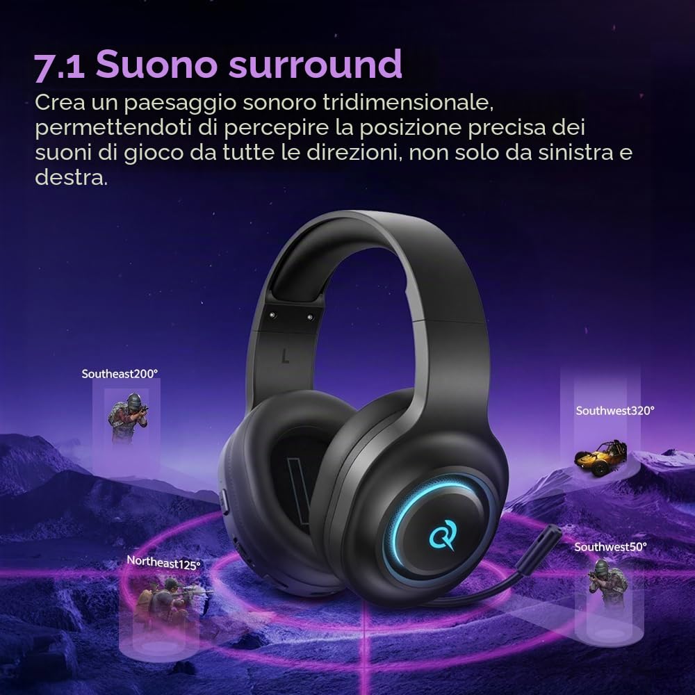 QCY Cuffie Gaming per PC/PS5/PS4/Switch, HEROAD V200 Cuffie over ear, USB-C, Batteria da 240 ore, Audio Surrounqchd 7.1, 2,4GHz Cuffie Wireless per multipiattaforma, Bluetooth 6.0