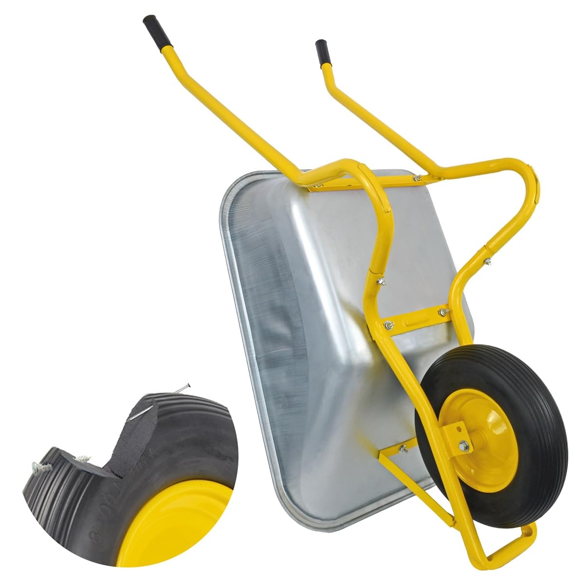 Matrix Schubkarre 100l Liter 250 kg pannensichers PU-Rad Schubkarren groß Garten Scheibtruhe Bauschubkarre | Mulde verzinkt | Metall Felge mit Kugellager | Farbe gelb