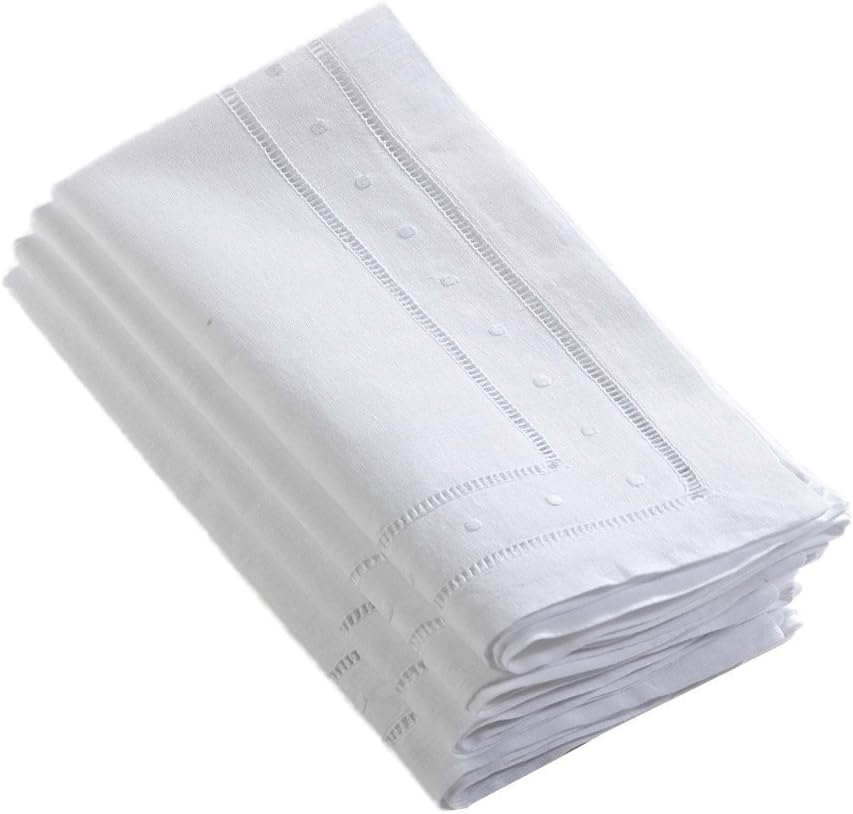 Fennco Styles Hand Hemstitched and Embroidered Swiss Dot Coasters Cocktail Napkins. White Color. 6" Square. Set of 4.
