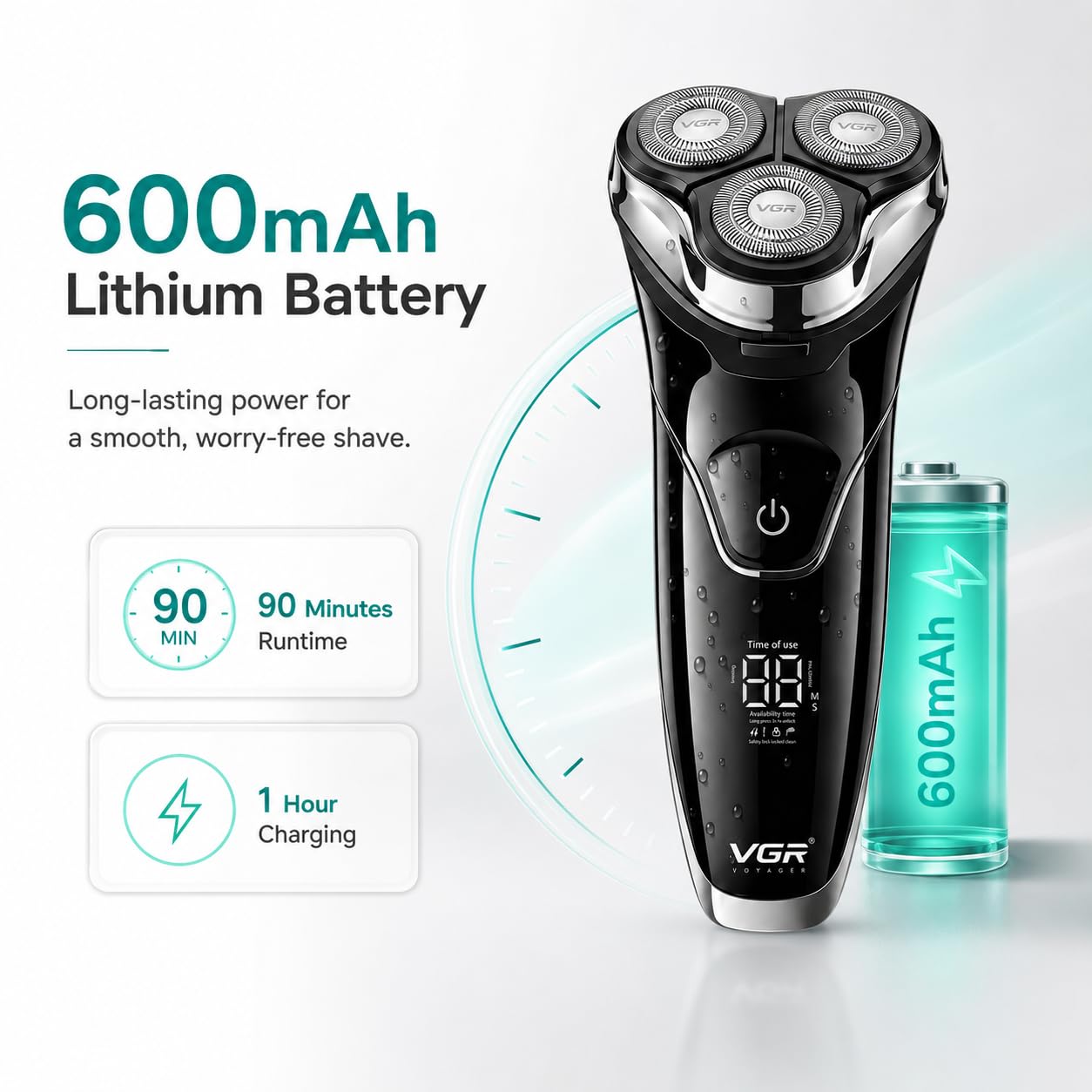VGR 318 Rasoio Elettrico Senza Fili per Uomo, Testina 3D Girevole, Rifinitore Integrato Estraibile, Impermeabile IPX6, Blocco Anti-Viaggio, Display Digitale LED
