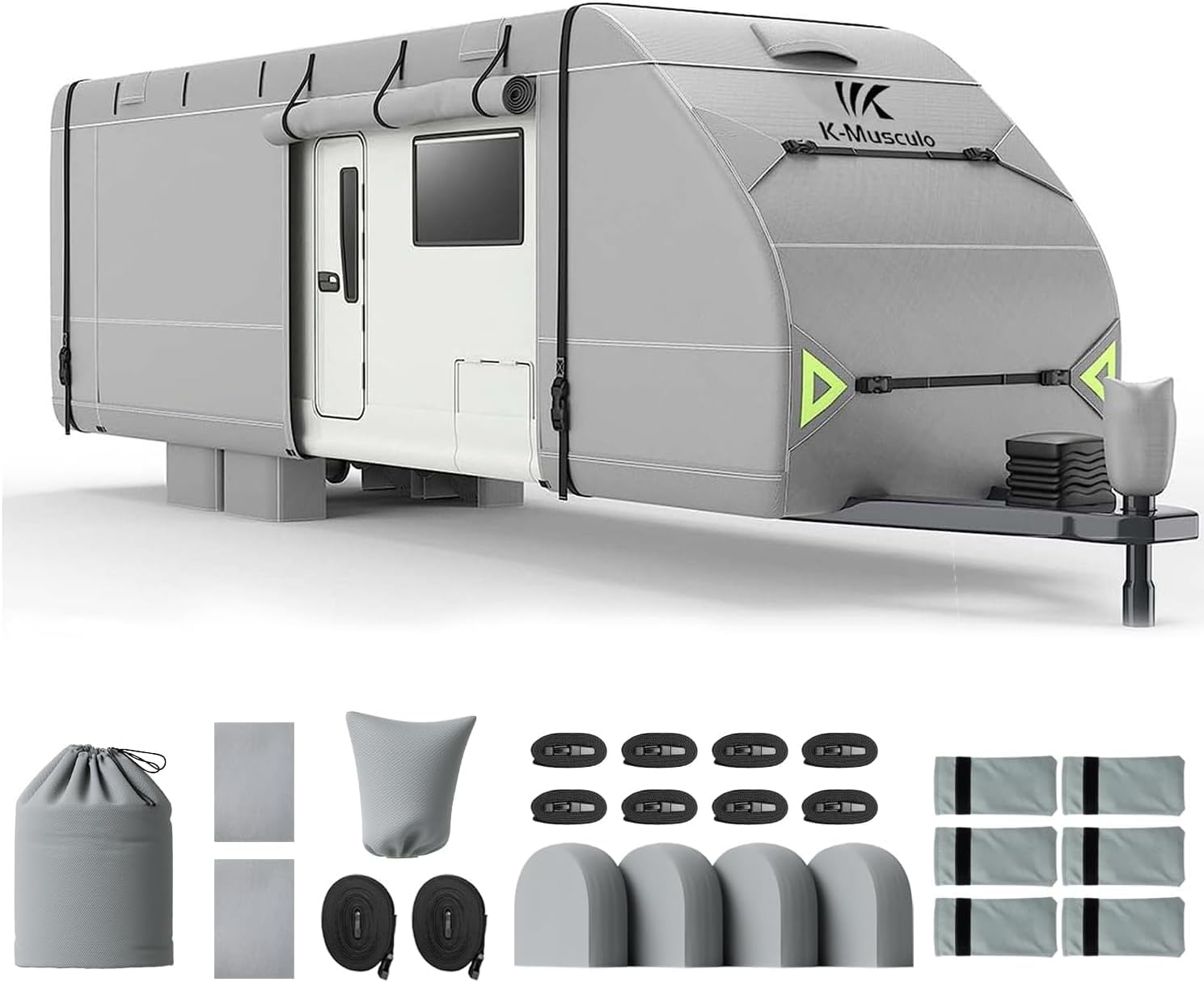 K-Musculo RV Cover,16-18 FT Heavy Duty Travel Trailer Cover with 8 Layers Corner, Windproof and Waterproof Camper Cover with 4 Tire Cover & Tongue Jack Cover