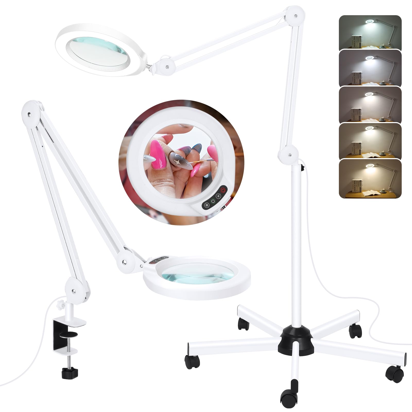 10X Lupe mit Licht und Ständer, superhell 2,200 Lumen LED-Lupen-Stehlampe mit 5 Rollen, 5 Farbmodi, stufenlos dimmbare beleuchtete Lupe für Kosmetikerinnen, Gesichtsbehandlungs, Salon