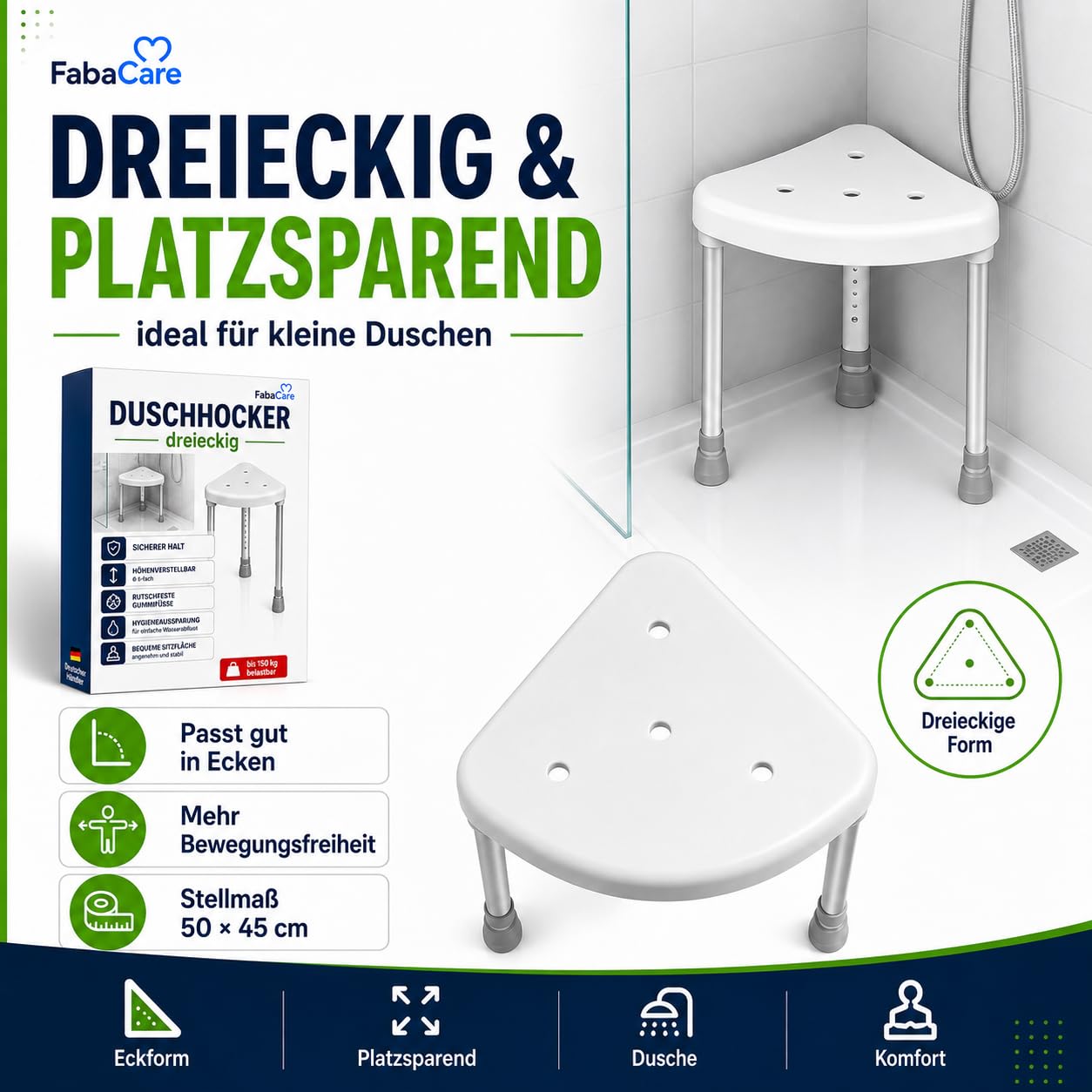 FabaCare Duschhocker dreieckig höhenverstellbar bis 150 kg