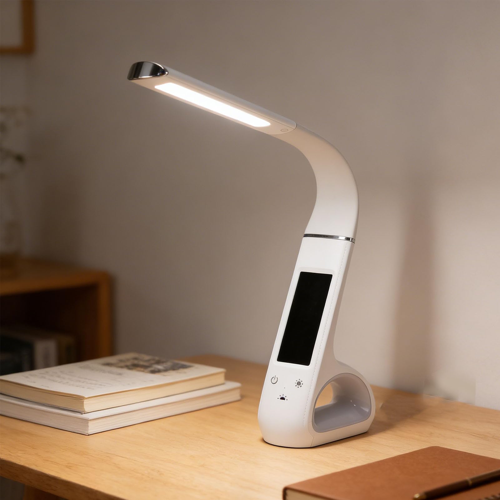 Asixxsix Lampada da Scrivania a LED, 3 modalità di Temperatura Colore Lampada da Lettura Regolabile Dimmerabile per la Cura degli Occhi con Schermo LCD VA Display Ora e Data (WHITE)