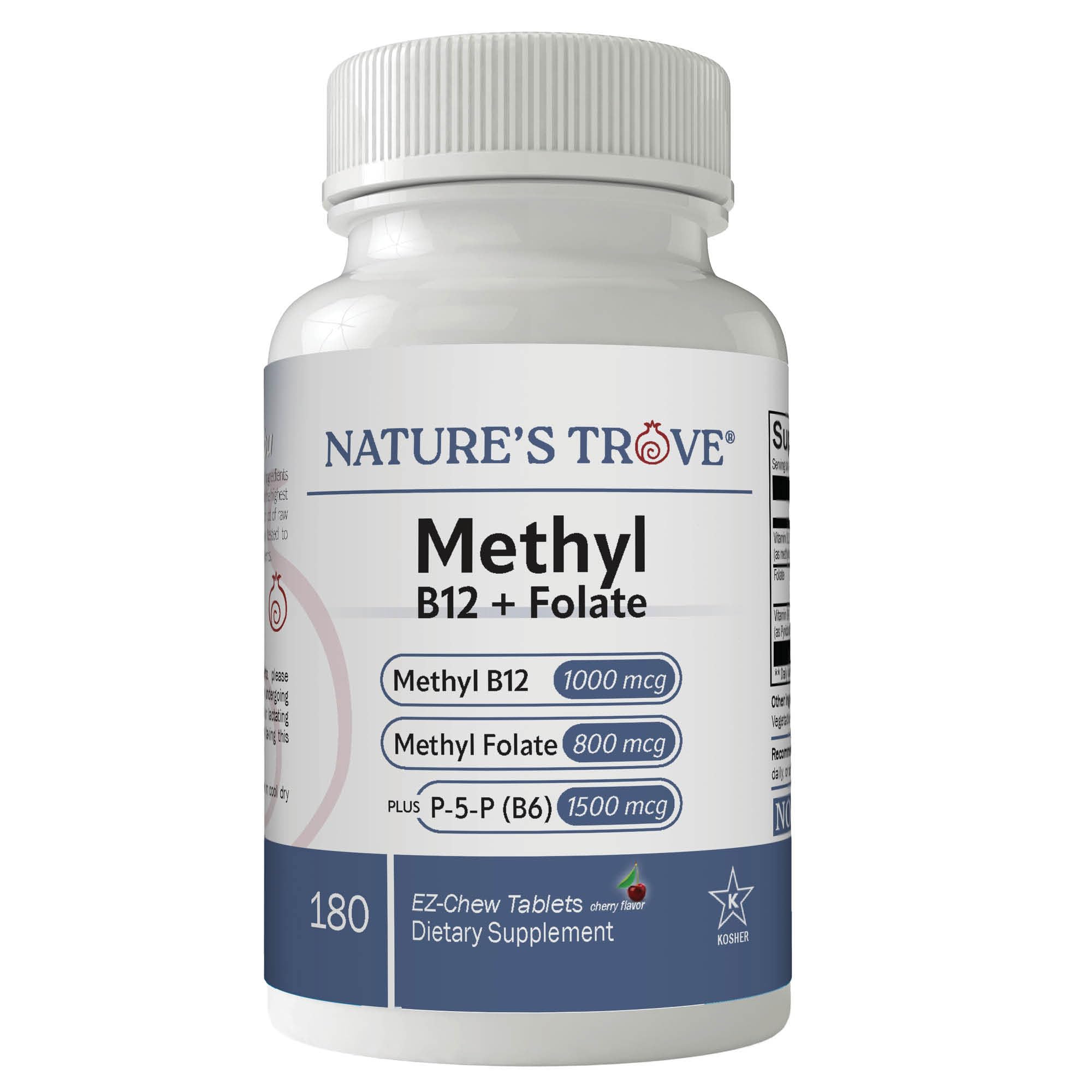 Nature's Trove Methyl B12 (1000mcg) + Folate L-5-MTHF (800mcg) with Vitamin B6 P5P - 180 EZ-Chew Tablets - Natural Cherry Flavor - Bioactive B-Vitamin Support - Vegan, Gluten-Free & Kosher