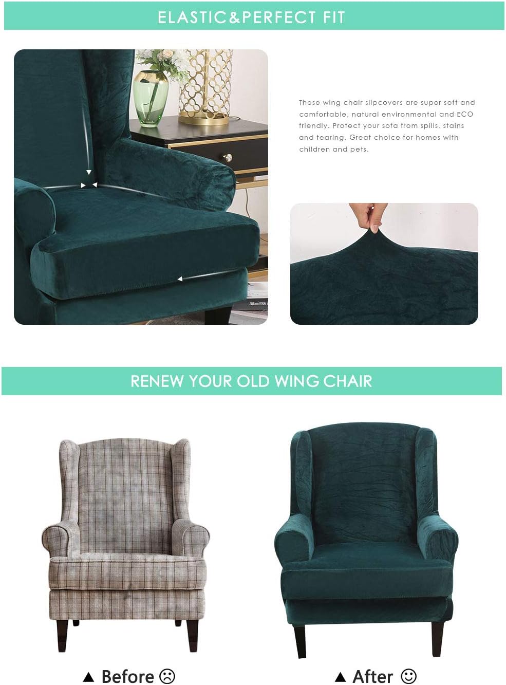 CAMZ Velvet Wingback Chair Slipcover, 2 Piece Stretch Wing Chair Covers T Seat Cushion Cover Plush Soft Wing Armchair Furniture Covers for Wing Back Chairs Form Fitted Couch Cover with Elastic