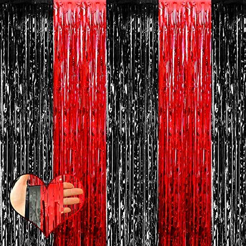 Image of 4 Pack 3.2Ft x 9.8Ft Black Red Fringe Curtain Backdrop, Metallic Tinsel Foil Fringe Streamers Curtains Background for Photo Booth Wedding Casino Viva Las Vegas Game Night Birthday Party Decorations
