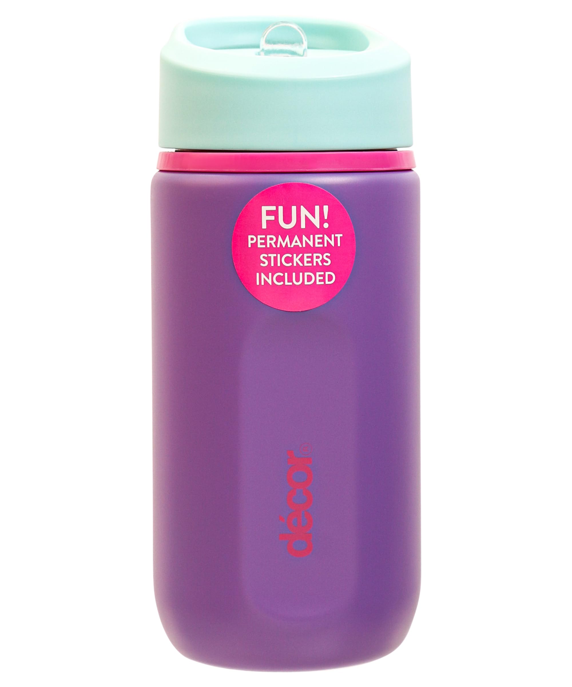 Décor 500ml Kids Stainless Steel Bottle - Single Wall Water Bottle with Straw Cap, Dental Safe Spout, Carry Handle, Reusable BPA Free Drink Flask with Personalised Stickers - Purple