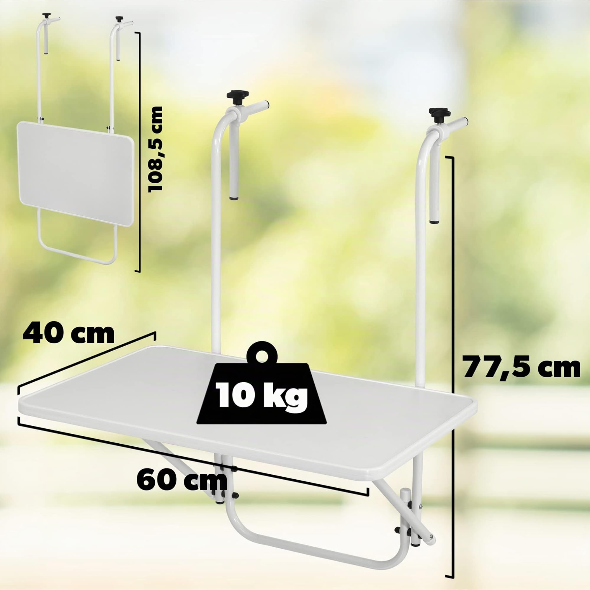 KADAX Hängetisch, Witterungsbeständiger Klapptisch für Balkon, Verstellbarer Balkonhängetisch, Balkontisch zum anhängen, klappbarer Tisch (40 x 60 cm, Weiß)