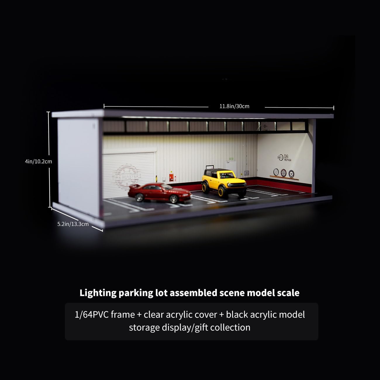 1/64 Diorama Display Case with LED Lights, Model Car Display and Storage, Compatible with Hot-Wheels Match-Box Mini GT Diecast Cars, Stackable Design